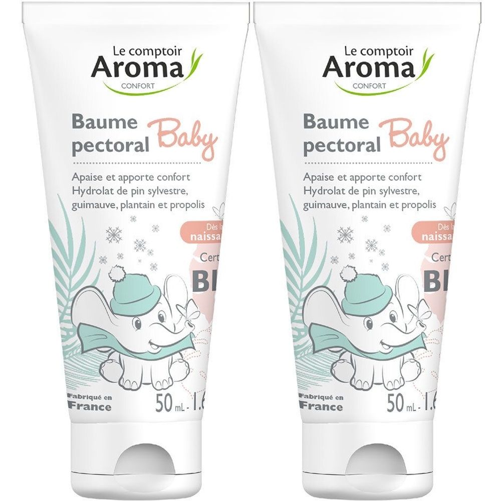 Deux tubes de Baume Pectoral Baby. Marque Le Comptoir Aroma. Illustration d'un éléphant. Certifié BI. Contenance 50 ml. Fabriqué en France.