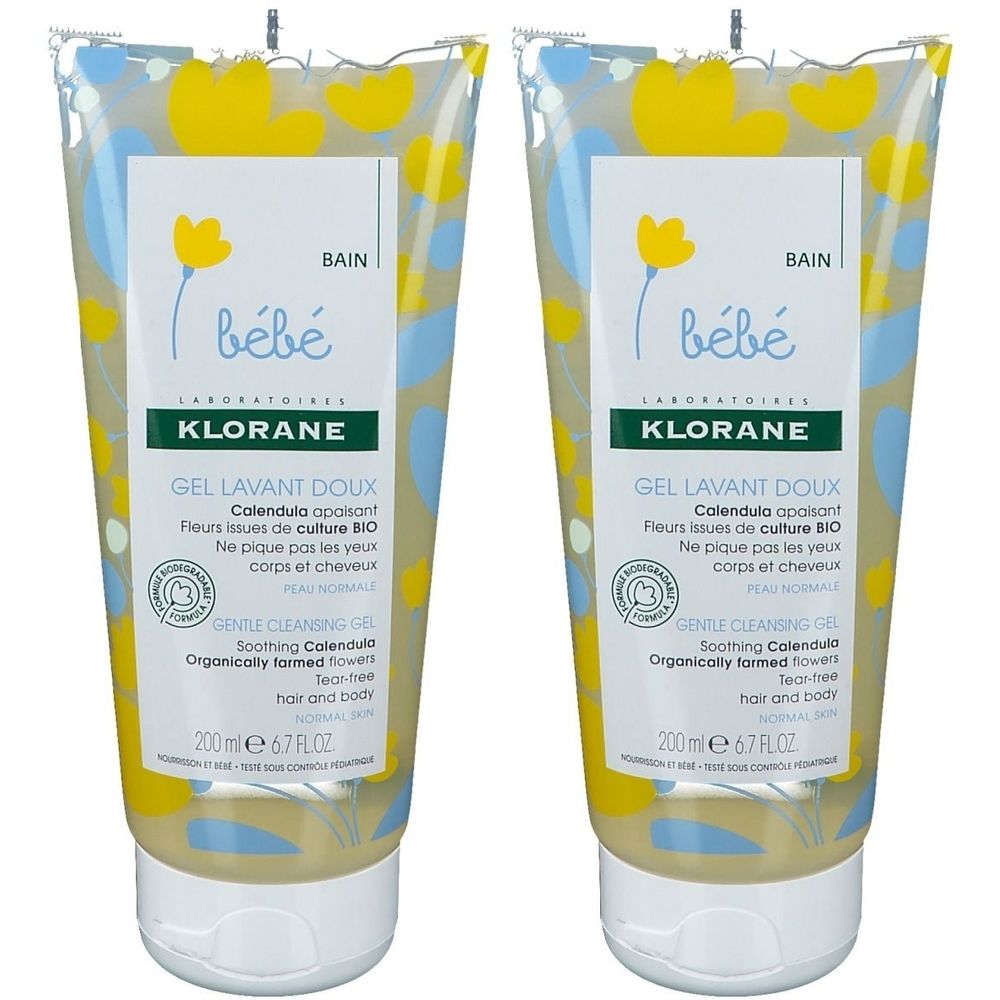 Deux flacons transparents de gel jaune. Inscription: Klorane Bébé, Gel Lavant Doux, Calendula. Avec certification bio et 200 ml.