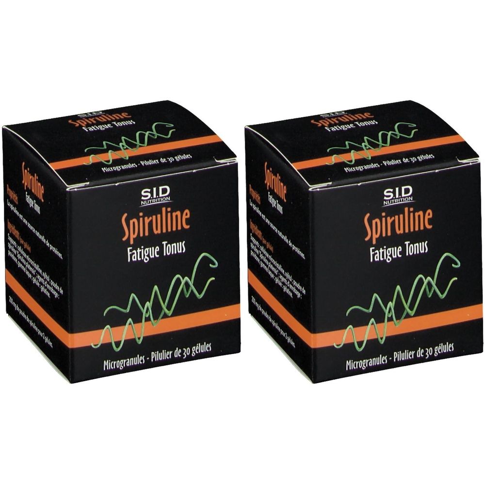 Deux boîtes noires avec "Spiruline Fatigue Tonus". Marque : SID Nutrition. Lignes ondulées vertes.