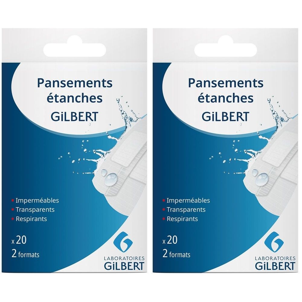 Deux paquets de pansements étanches Gilbert. Emballage bleu avec nom et caractéristiques du produit. 20 pièces, 2 formats.