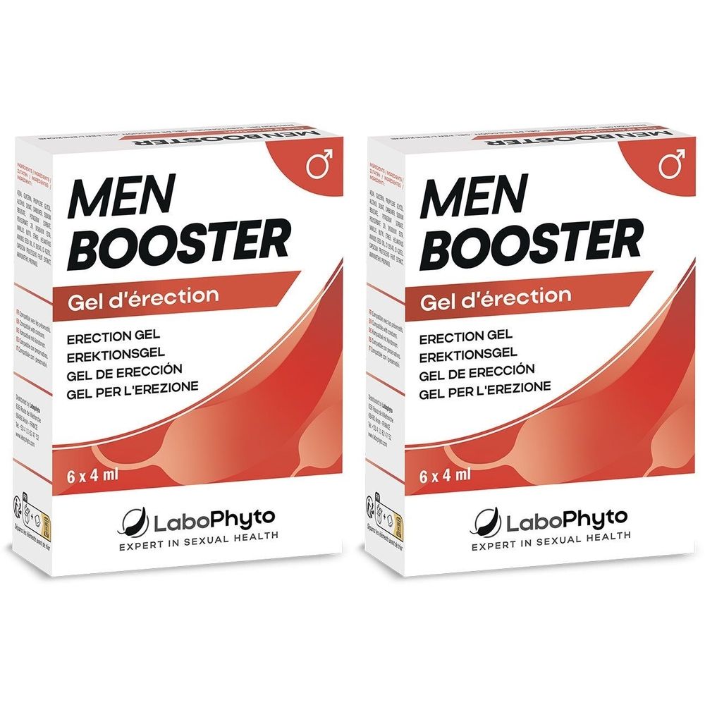 Deux boîtes blanches avec "MEN BOOSTER". Contient "Gel d'érection" et "LaboPhyto". 6 x 4 ml.
