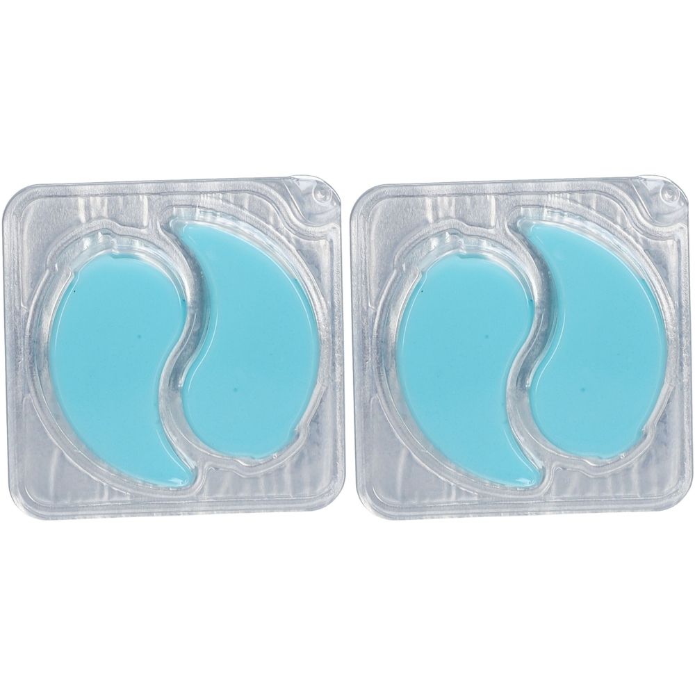 Deux blisters transparents contenant chacun deux patchs pour les yeux bleu clair en forme de croissant. Les patchs sont dans un emballage plastique transparent.