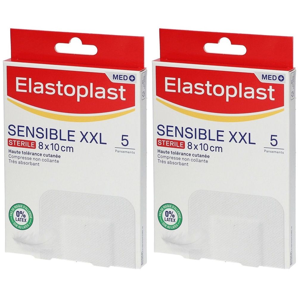 Deux boîtes de pansements Elastoplast MED Sensible XXL. Emballage blanc avec couvercle rouge. Inscription: SENSIBLE XXL, STERILE 8x10 cm, 5 pièces.