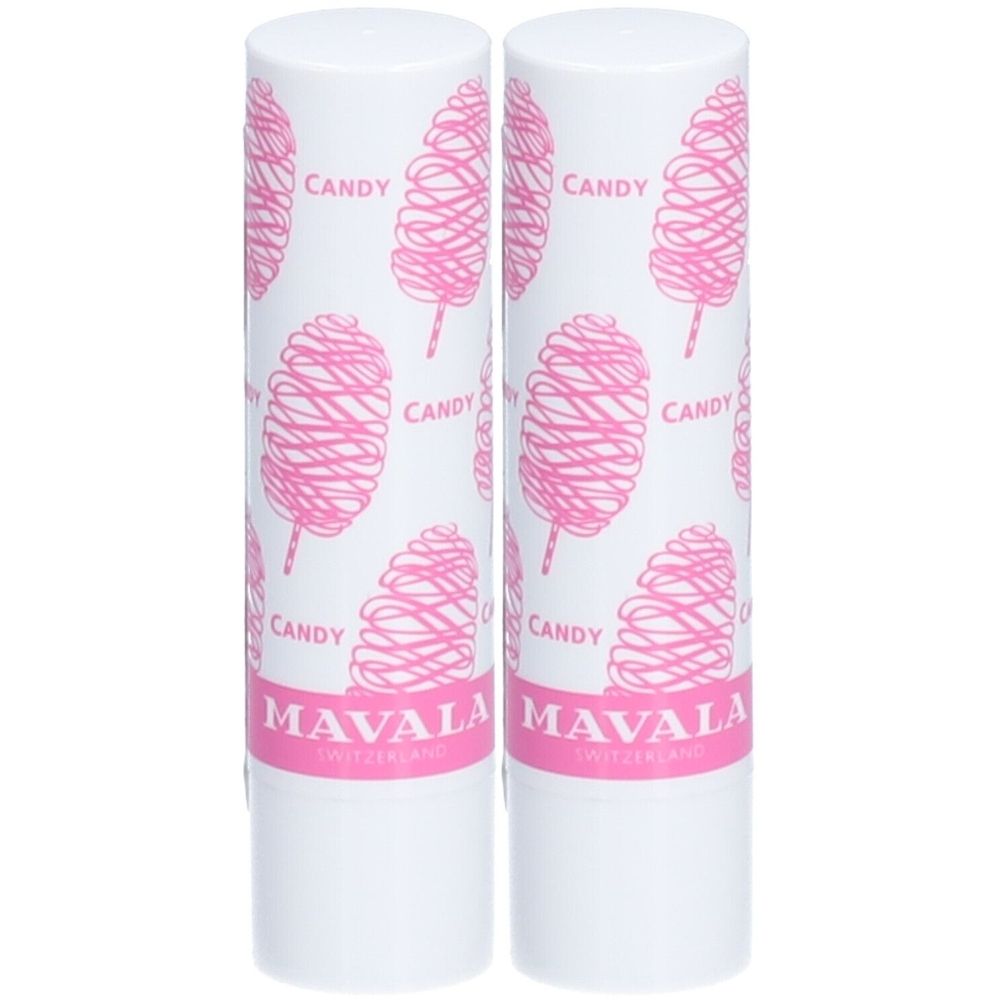 Deux sticks à lèvres blancs avec motif barbe à papa rose. Inscriptions "CANDY" et "MAVALA SWITZERLAND".
