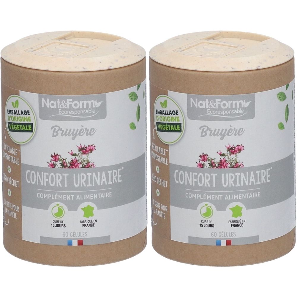 Deux boîtes cylindriques de Bruyère. Inscription : Confort Urinaire, complément alimentaire. Emballage d'origine végétale.