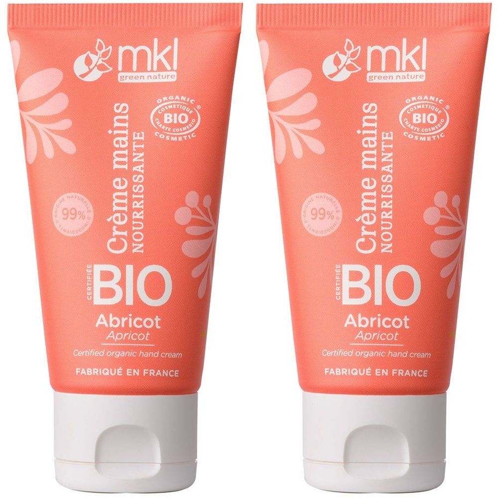 Deux tubes de crème pour les mains. Inscriptions : mkl, BIO, Crème mains, Abricot. Produit bio certifié. Fabriqué en France.