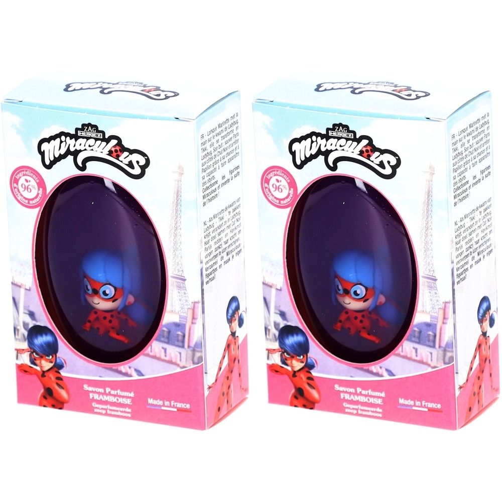 Deux boîtes de savon Miraculous. Chaque boîte présente une figurine dans une fenêtre ovale. Inscription: Savon Parfumé Framboise.