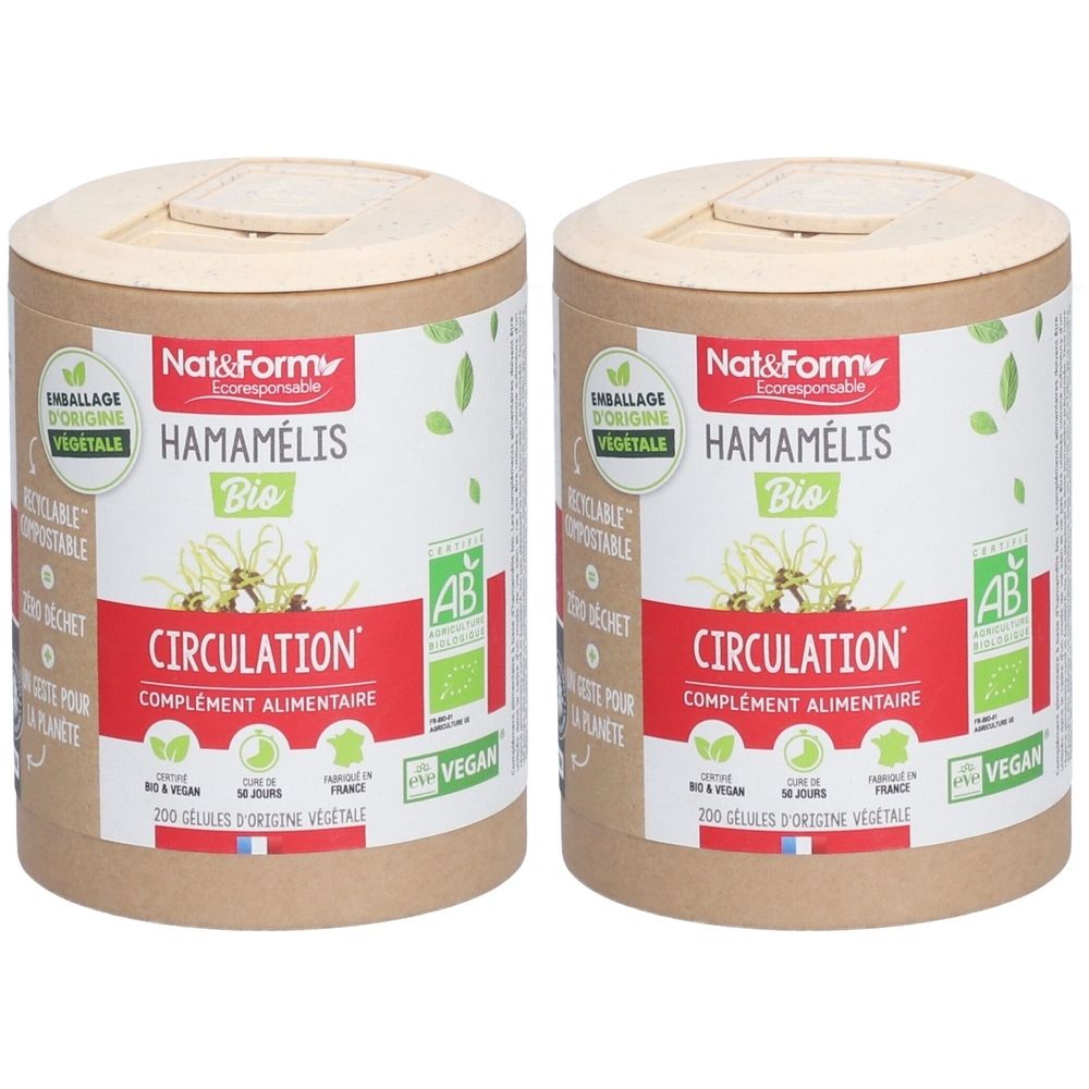 Deux boîtes cylindriques avec couvercles. Inscriptions: Hamamélis Bio, Circulation, complément alimentaire. Label AB, logo Vegan.