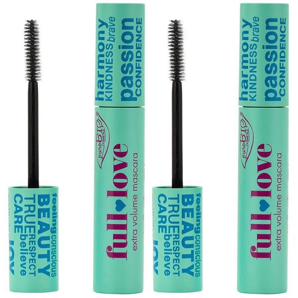 Tubes de mascara turquoise avec brosse noire. Inscription : Full Love, extra volume mascara. Logo de la marque et texte.