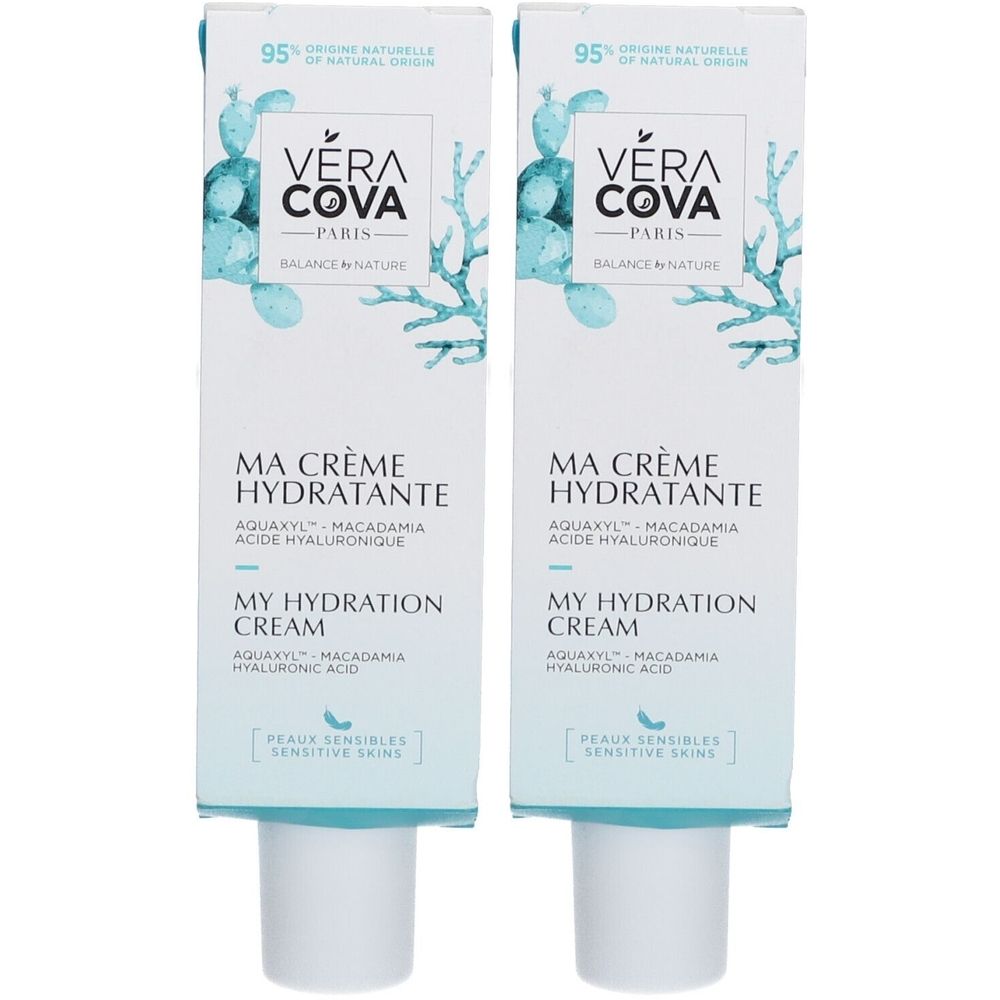 Deux tubes de Veracova Ma Crème Hydratante. Emballage blanc avec texte et illustrations. Texte : Ma Crème Hydratante, My Hydration Cream.