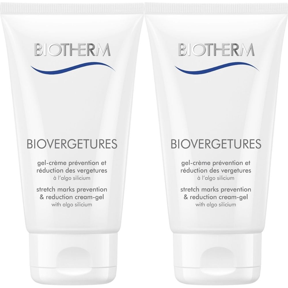 Deux tubes blancs avec logo BIOTHERM et nom BIOVERGETURES. Texte en français et anglais. Gel-crème prévention et réduction des vergetures.