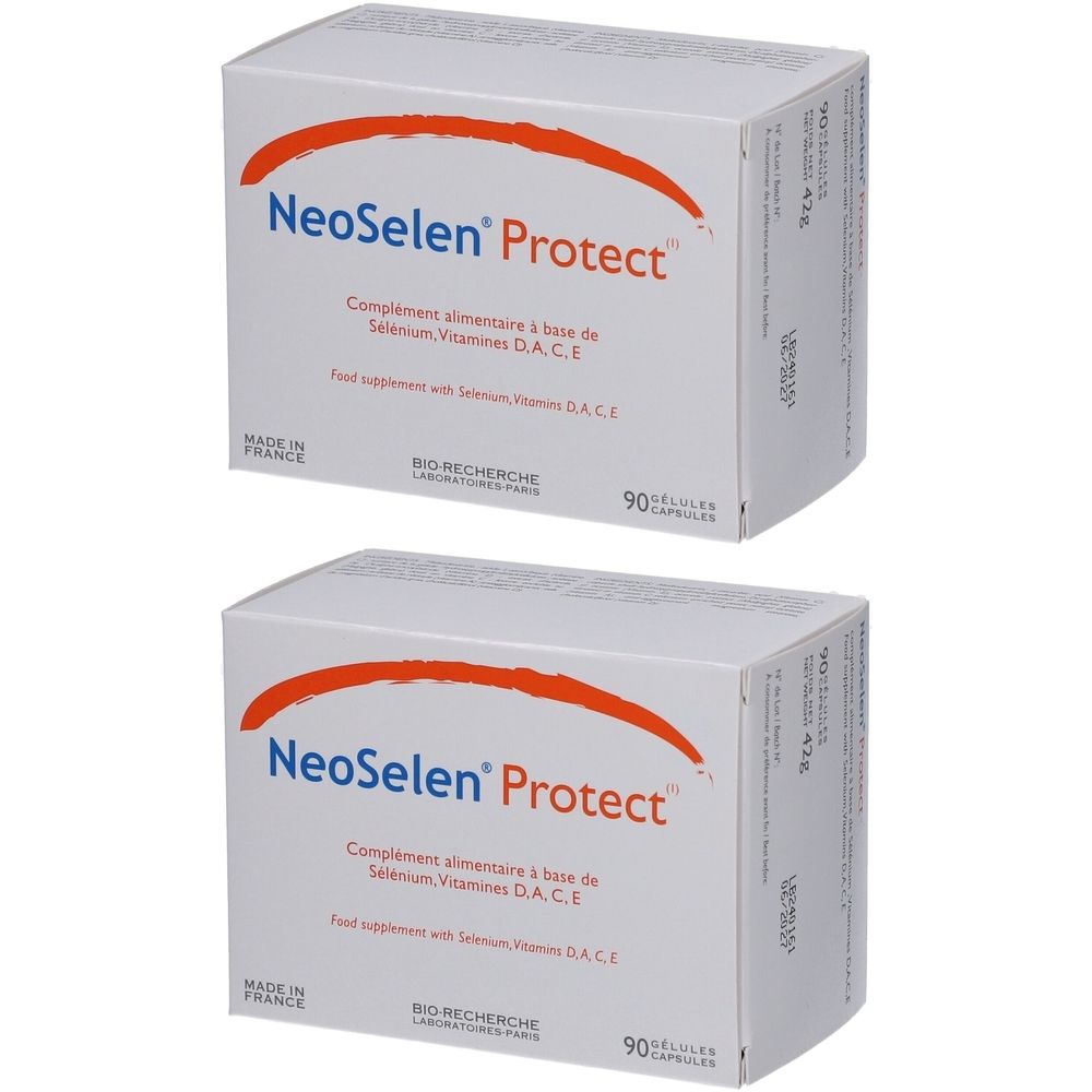 Deux boîtes blanches avec l'inscription rouge NeoSelen Protect. Texte : Complément alimentaire à base de sélénium, vitamines D, A, C, E. 90 gélules.