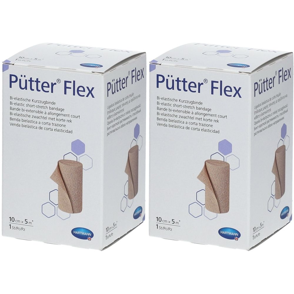 Deux boîtes de bandage Pütter Flex. Inscription: 10 cm x 5 m. Bande élastique courte de couleur beige, logo Hartmann.