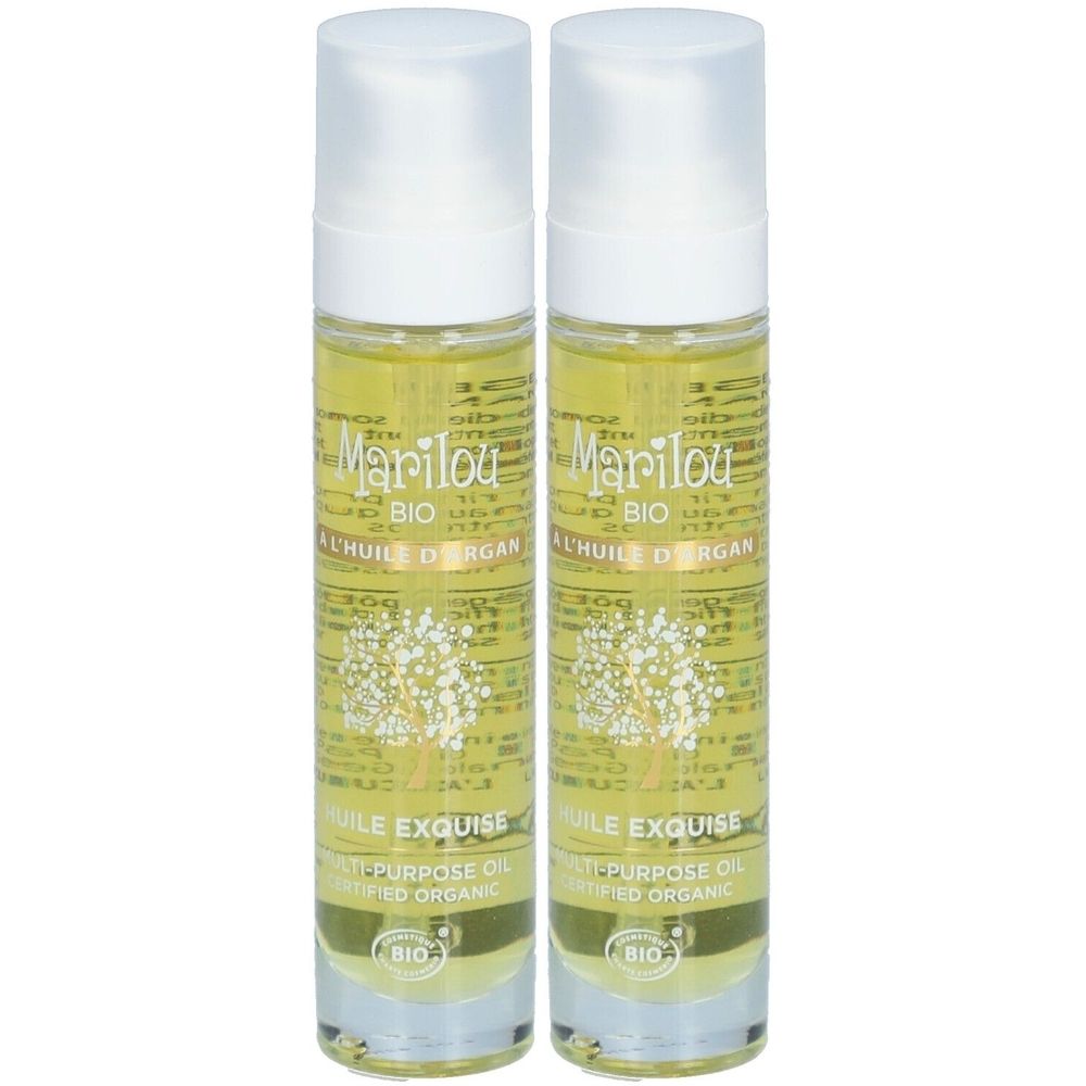 Deux flacons d'huile transparente. Inscriptions: Marilou Bio, L'Huile d'Argan, Huile Exquise, Multi-Purpose Oil, Certified Organic.