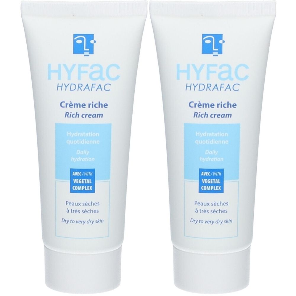 Deux tubes de crème. Inscription: HYFAC, Crème riche, Hydratation quotidienne, avec végétal complex, Peaux sèches à très sèches.