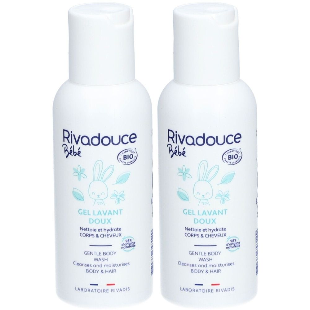 Deux flacons blancs Rivadouce Bébé Gel Lavant Doux bio. Inscription: Gel Lavant Doux, soin corps et cheveux. Certification bio.