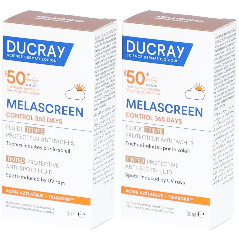 Deux boîtes DUCRAY Melascreen. Inscription : SPF50+, Fluide Teinté, Anti-Tâches, Protecteur. Emballage blanc et couvercle marron.