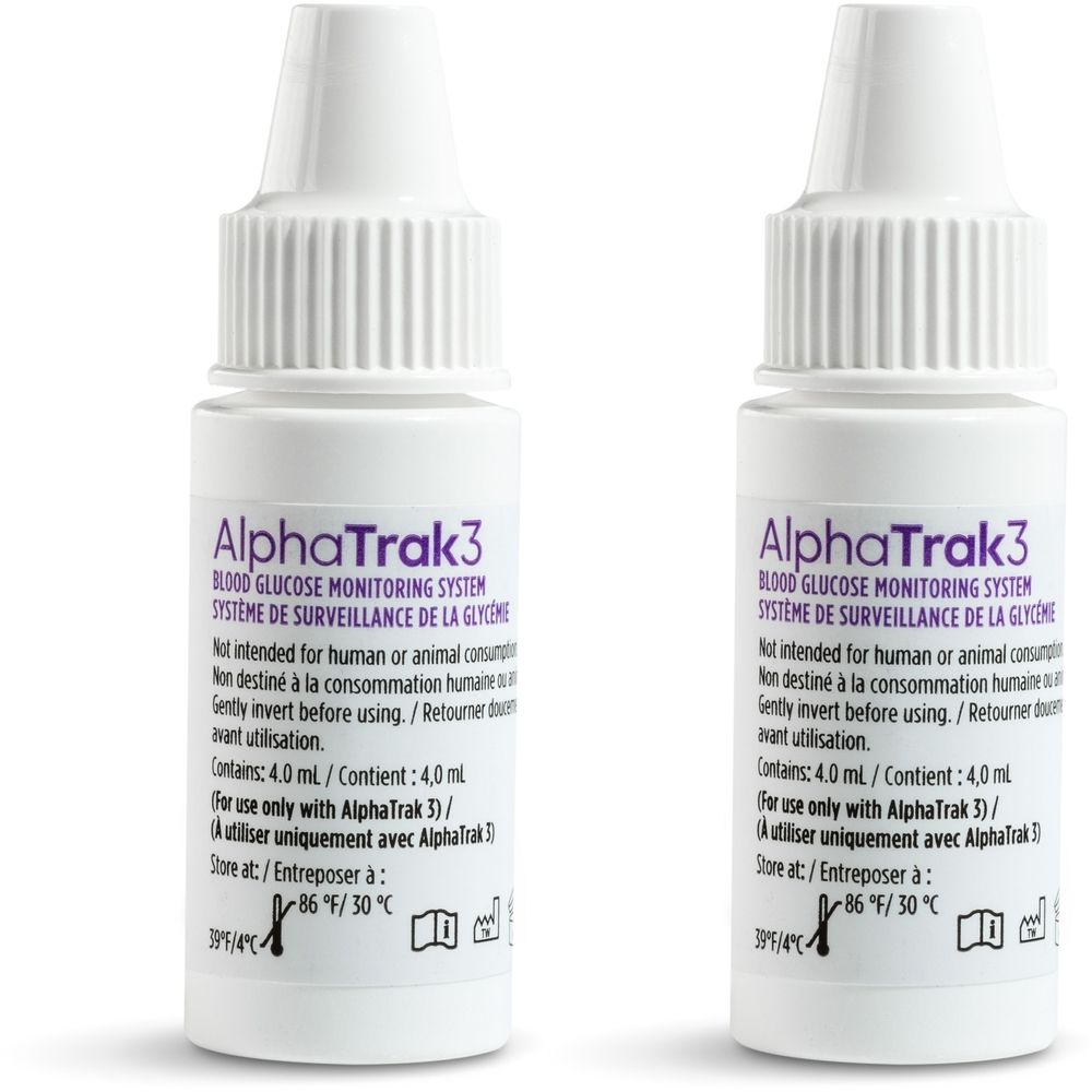 Deux flacons blancs avec bouchon à vis. Inscription AlphaTrak3, système de surveillance de la glycémie. Contient 4,0 ml. Non pour humains.