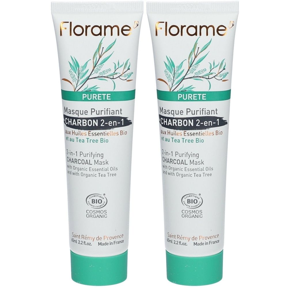 Deux tubes de masque facial Florame. Inscription : PURETE Masque Purifiant CHARBON 2-en-1. Huiles Essentielles Bio au Tea Tree Bio. COSMOS ORGANIC.