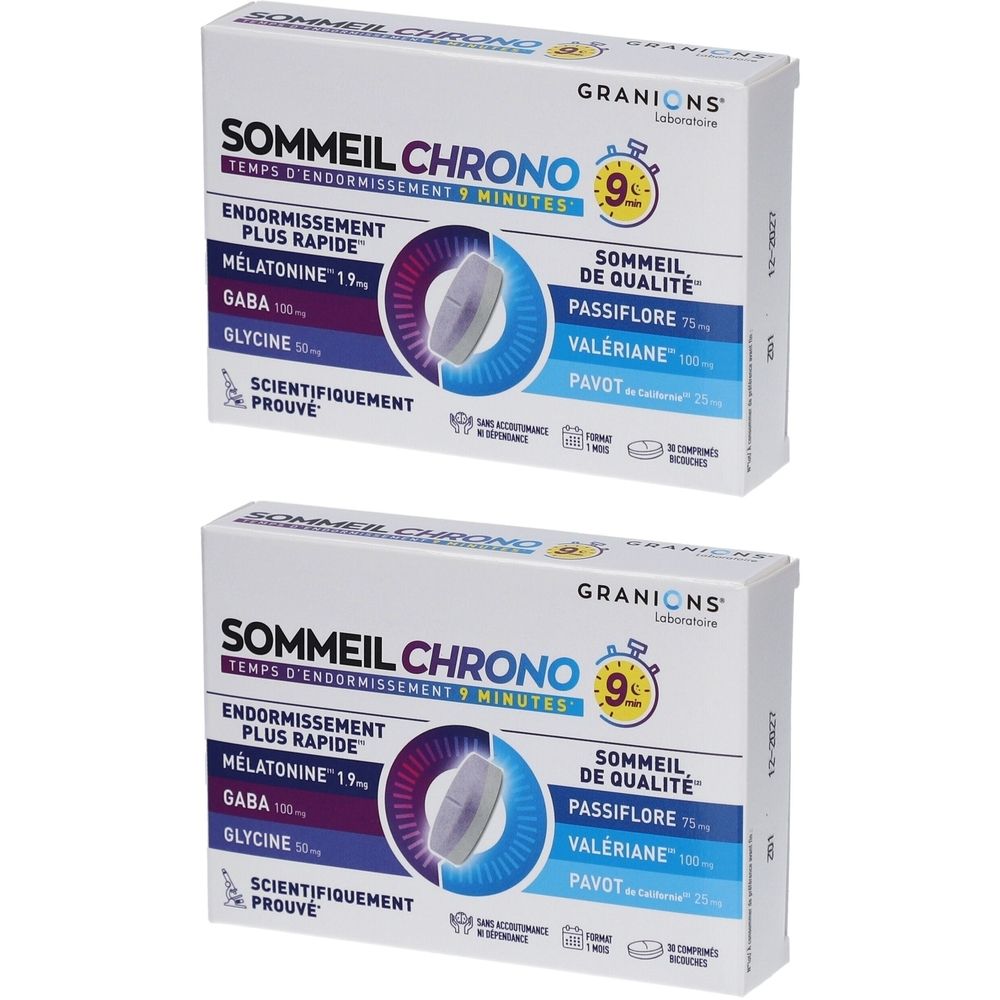 Deux boîtes de GRANIONS Sommeil Chrono. Inscription: Endormissement plus rapide, Mélatonine, GABA, Glycine. Avec symbole 9 minutes.