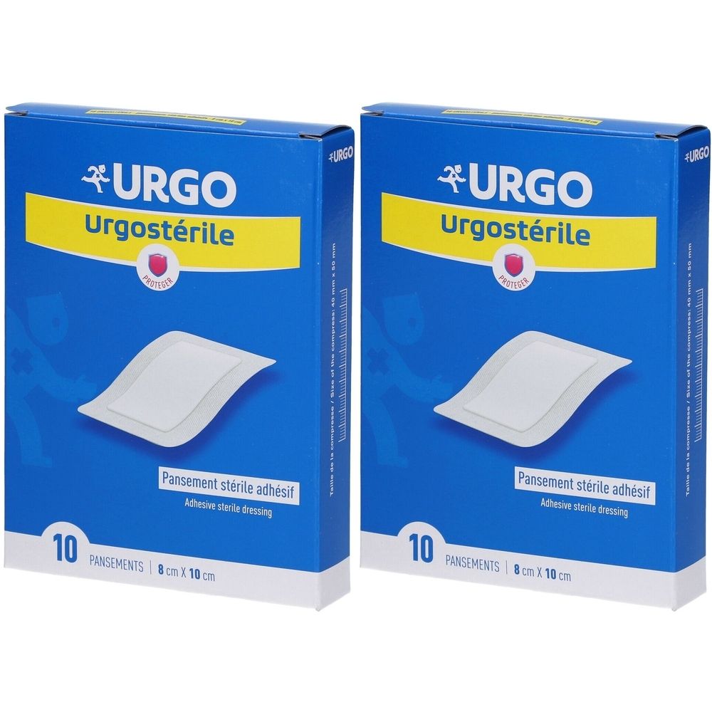 Deux boîtes bleues URGO Urgostérile. Inscription : 10 pansements stériles adhésifs, 8 cm x 10 cm.