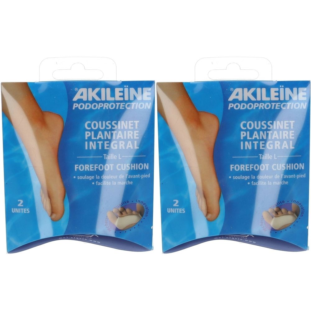 Deux paquets de coussinets plantaires intégraux Akileine Podoprotection. Emballage bleu avec illustration de pied et informations.