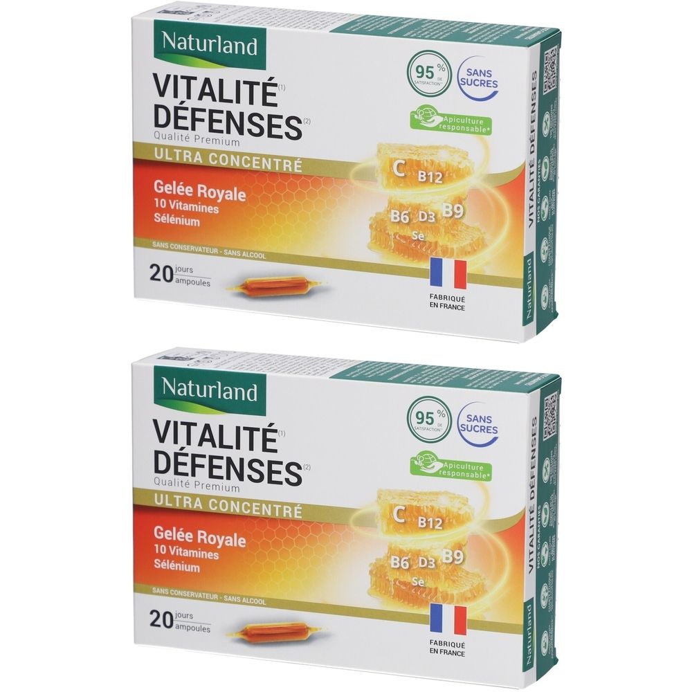 Deux boîtes de Naturland Vitalité Défenses. Inscription: Gelée Royale, 10 vitamines, sélénium. 20 ampoules. Avec label origine France.