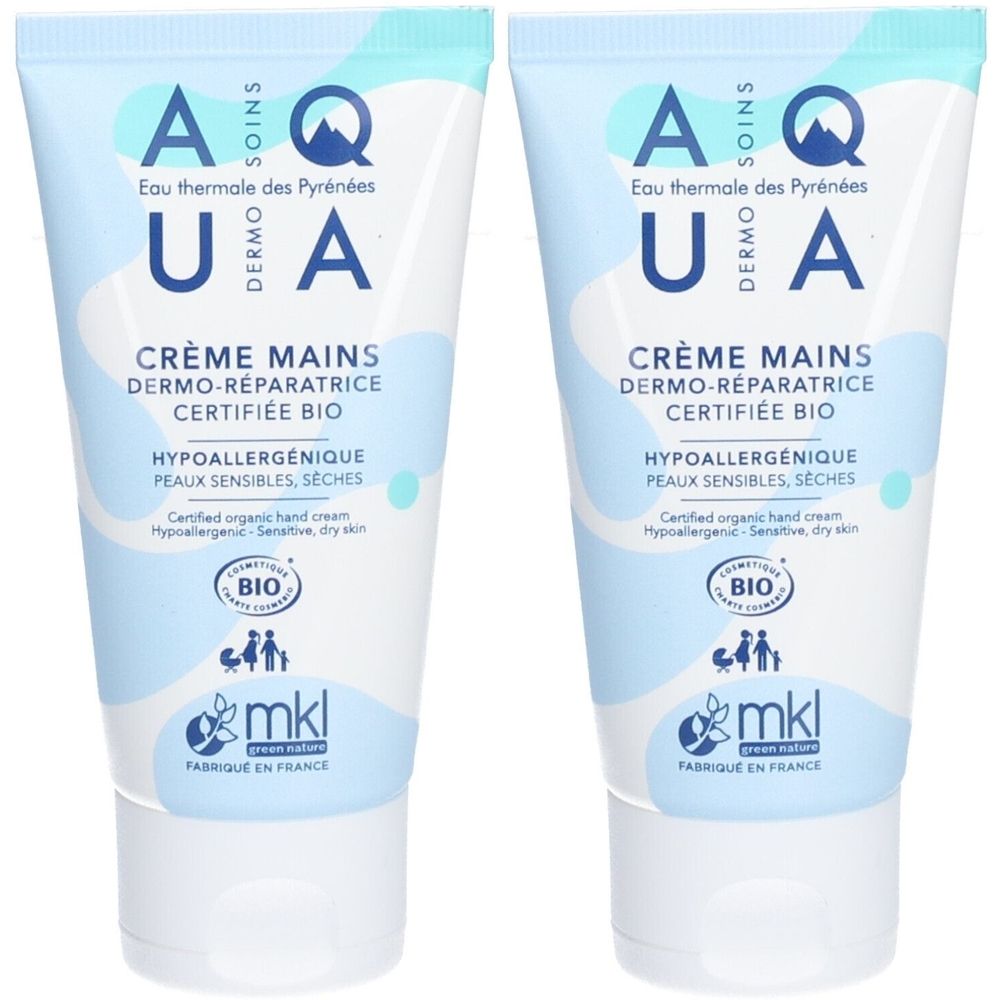 Deux tubes de crème pour les mains. Inscription: Crème Mains Dermo-Réparatrice, certifié Bio. Marque: mkl. Hypoallergénique, peaux sensibles, sèches.