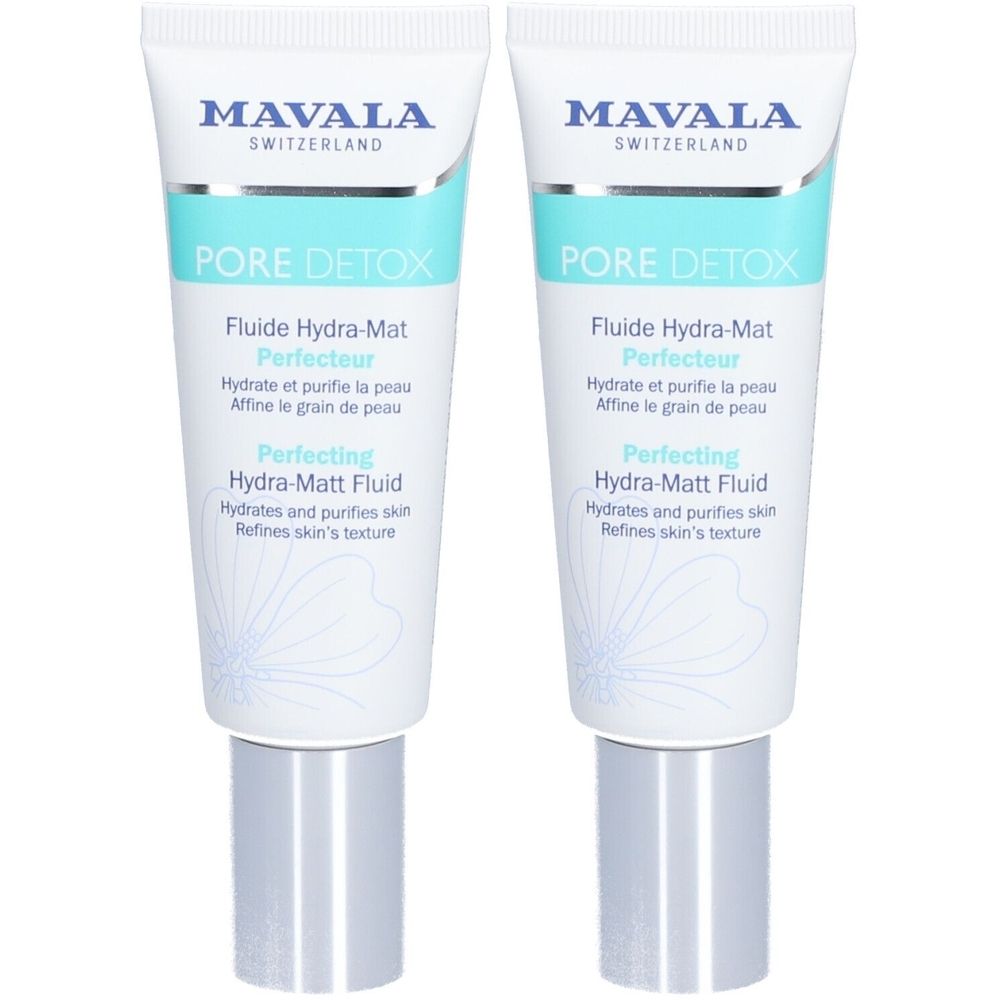 Deux tubes de Mavala PORE DETOX. Tubes blancs avec bouchons argentés. Texte turquoise et noir. Marque et nom du produit visibles.
