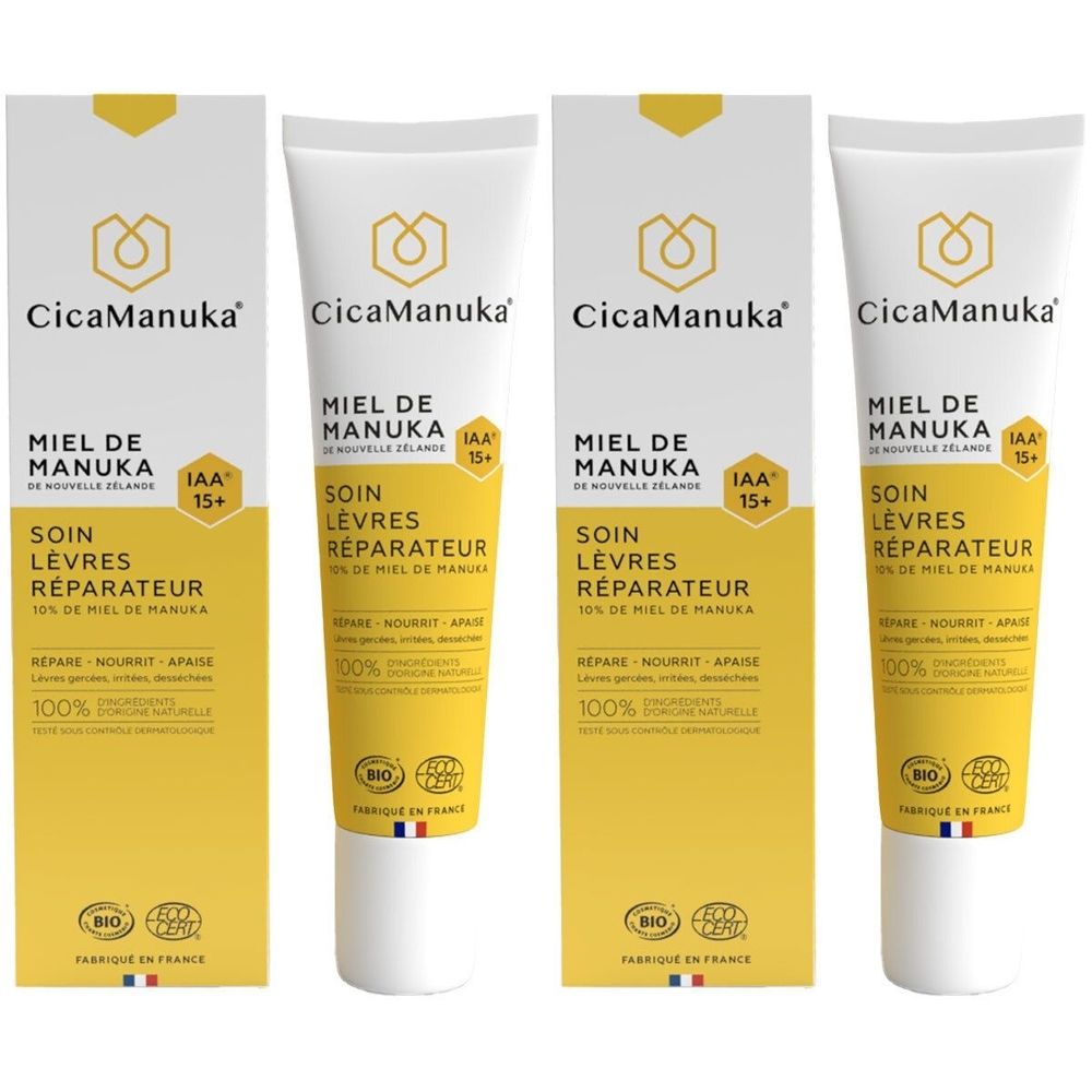 Quatre tubes et étuis de soin des lèvres CicaManuka®. Tubes blancs avec étuis jaunes. Texte : Miel de Manuka, Soin Lèvres Réparateur.