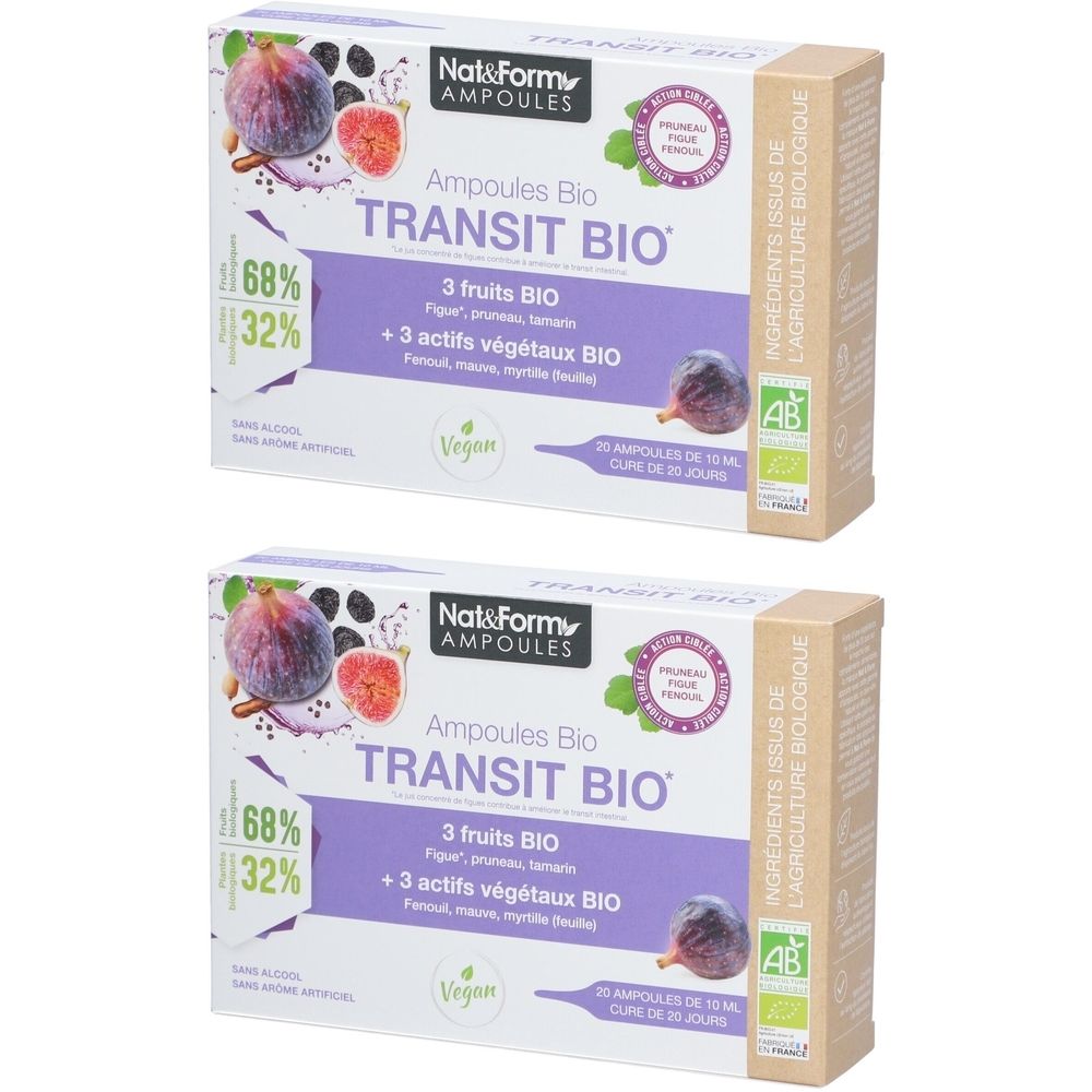 Deux boîtes d'ampoules. Inscription: Transit Bio, 3 fruits, +3 actifs végétaux. Label AB. Vegan.