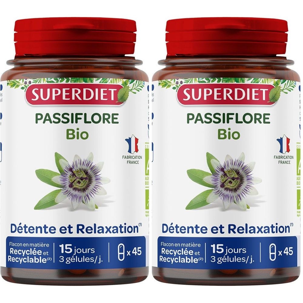 Deux flacons de SUPERDIET Passiflore Bio. Détente et Relaxation. 45 gélules. Fabriqué en France. Flacons recyclables.