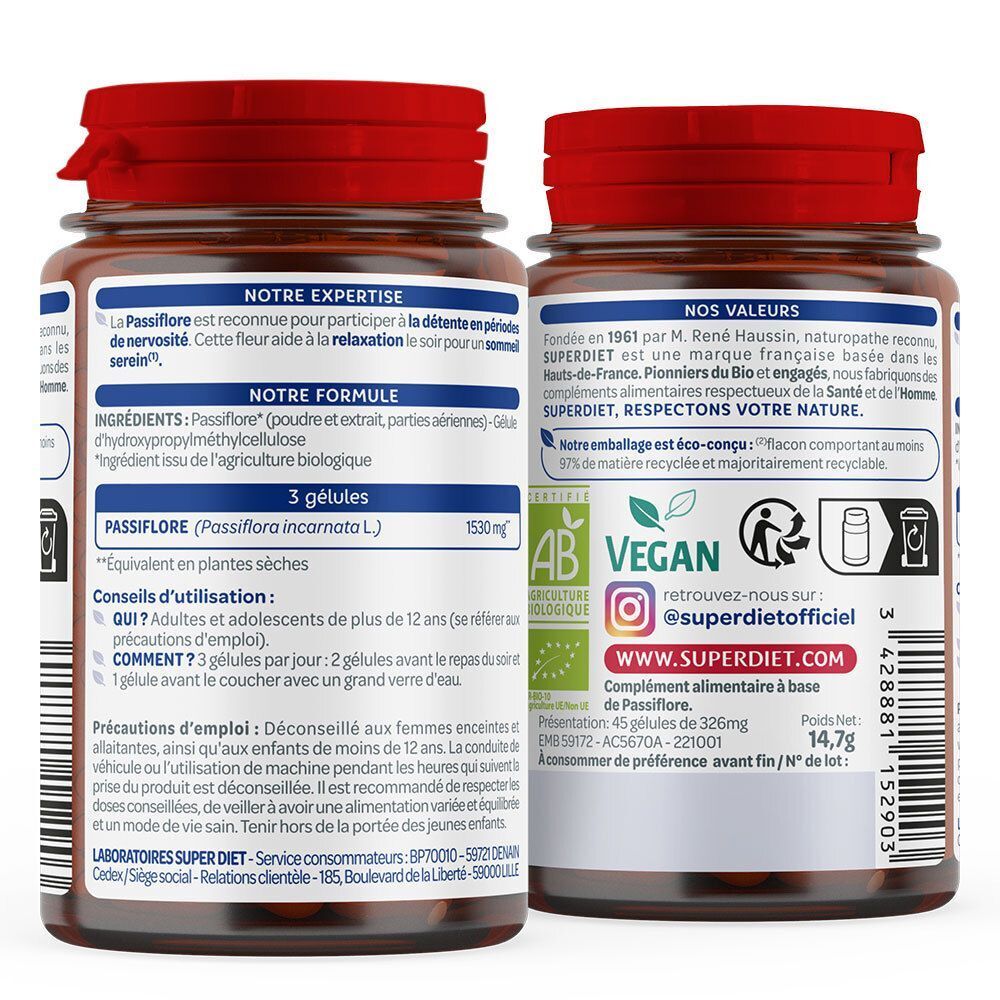 Arrière de deux flacons de SUPERDIET Passiflore Bio avec ingrédients, conseils d'utilisation et labels bio.