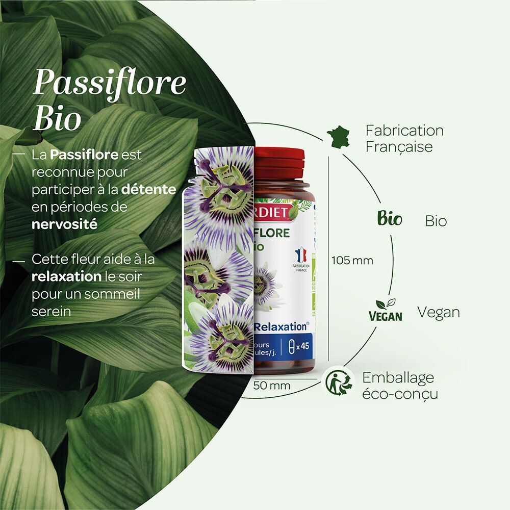 Flacon SUPERDIET Passiflore Bio à côté de feuilles de passiflore, avec dimensions et logos.