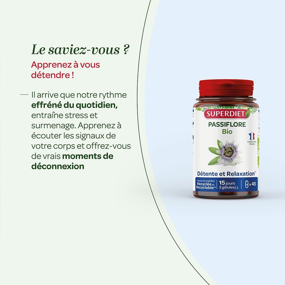 Flacon SUPERDIET Passiflore Bio sur fond clair avec texte sur la gestion du stress.