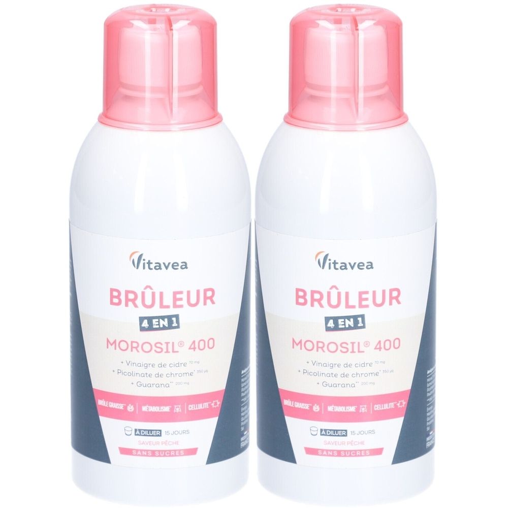 Deux flacons avec bouchons roses. Inscription: Vitavea, BRÛLEUR 4 EN 1, MOROSIL 400. Flacons blancs avec accents bleus et roses.