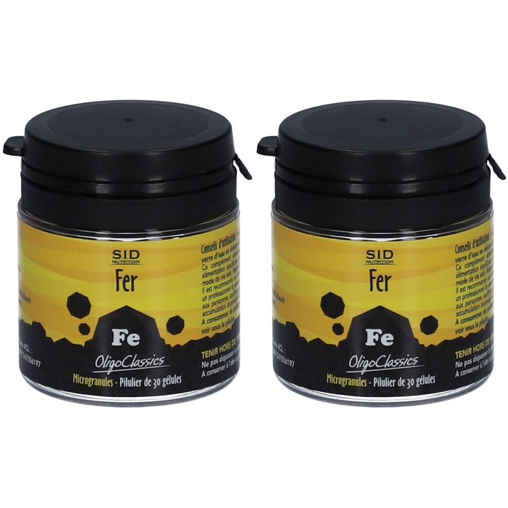 Deux boîtes noires avec étiquette jaune. Inscription: SID Fer, Fe, OligoClassics. Texte: Microgranules - Pilulier de 30 gélules.