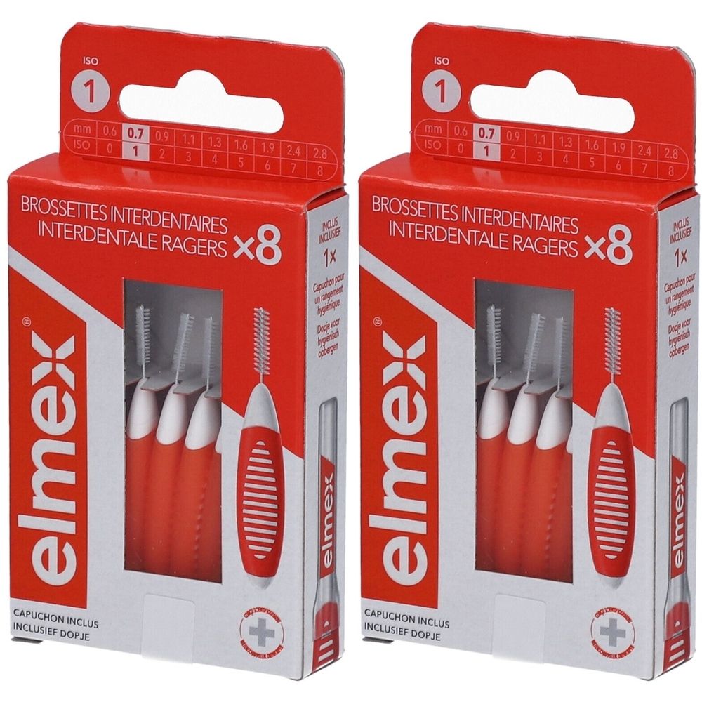Deux boîtes de brossettes interdentaires Elmex. Manches rouges, soies blanches. Nom du produit et x8 visibles.