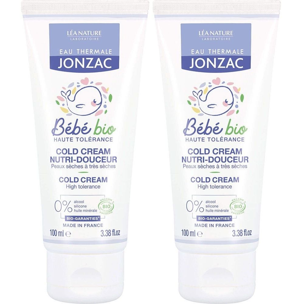 Deux tubes de Jonzac Bébé Bio Cold Cream. Tubes blancs avec texte bleu et vert. Contient un label Bio-garanties.