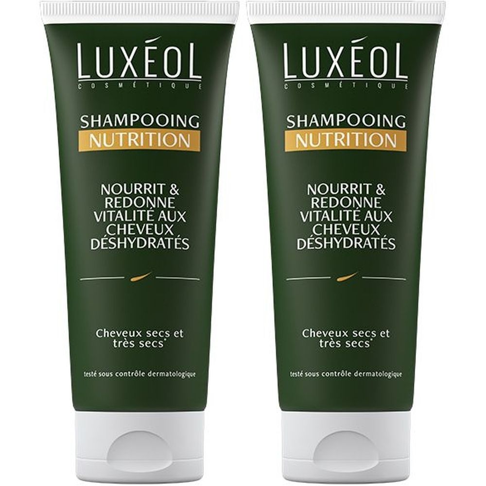 Deux tubes de shampooing verts. Inscription: LUXÉOL, Shampooing Nutrition. Pour cheveux secs. Testé dermatologiquement.