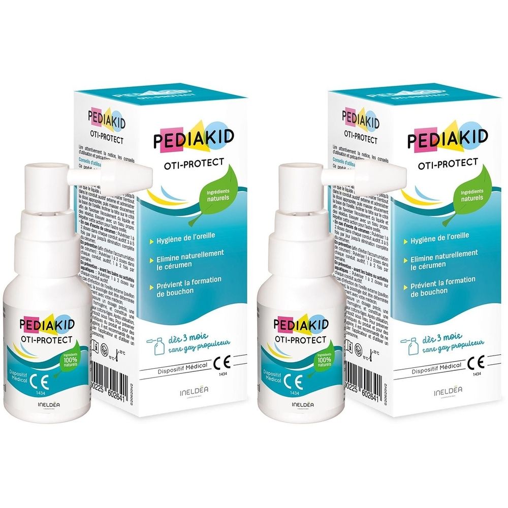 Deux flacons spray blancs avec emballage bleu et vert. Inscription: PEDIAKID OTI-PROTECT. Marquage CE.