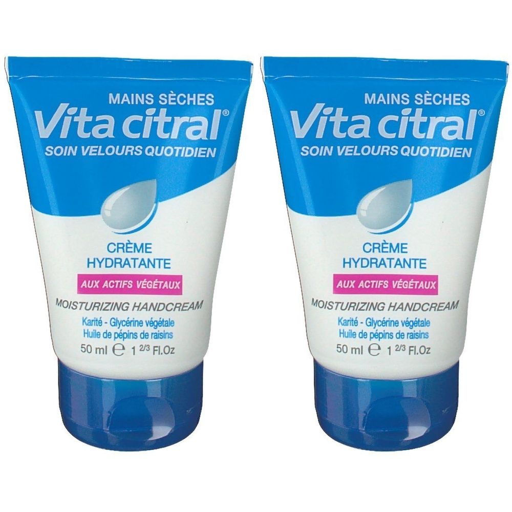 Deux tubes de crème pour les mains. Emballage bleu et blanc. Inscription : Vita citral, Crème hydratante, Moisturizing Handcream.