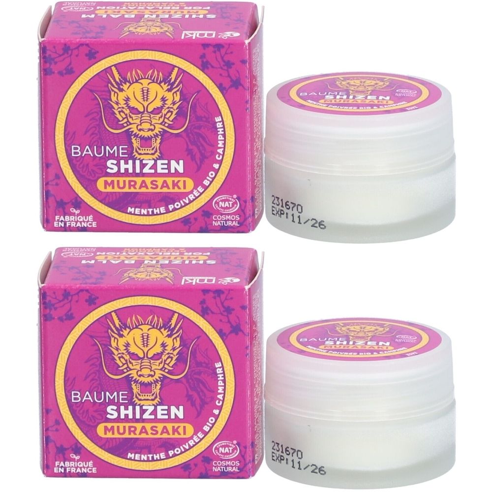 Deux pots et deux boîtes. Sur les boîtes, on lit "BAUME SHIZEN MURASAKI". Les pots contiennent une substance blanche et ont un couvercle blanc.