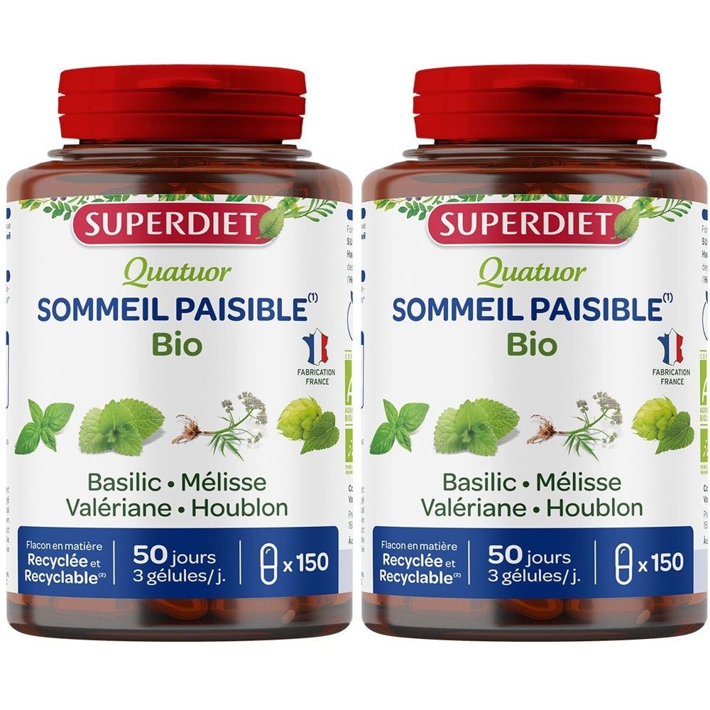 Deux flacons de Superdiet Quatuor Sommeil Paisible Bio. Flacons bruns, bouchons rouges. Ingrédients : Basilic, Mélisse, Valériane, Houblon. 150 gélules.