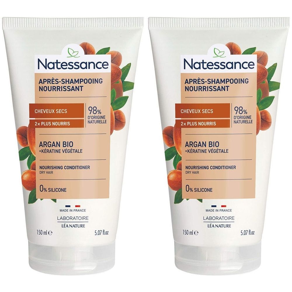 Deux tubes de conditionneur. Inscription: Natessance, Après-Shampooing Nourrissant, Argan Bio + Kératine Végétale, 0% silicone.