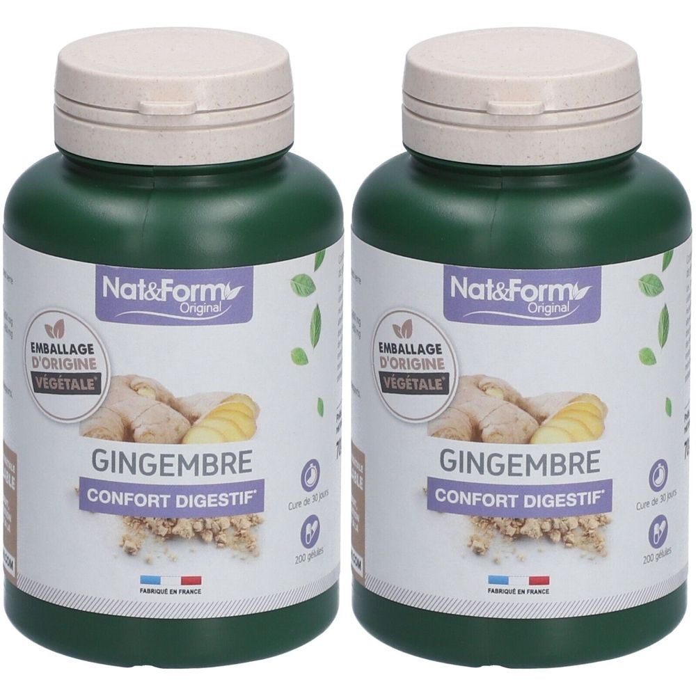 Deux flacons verts avec bouchons blancs. Étiquette avec "Gingembre" et "Confort Digestif". Marque : Nat&Form.