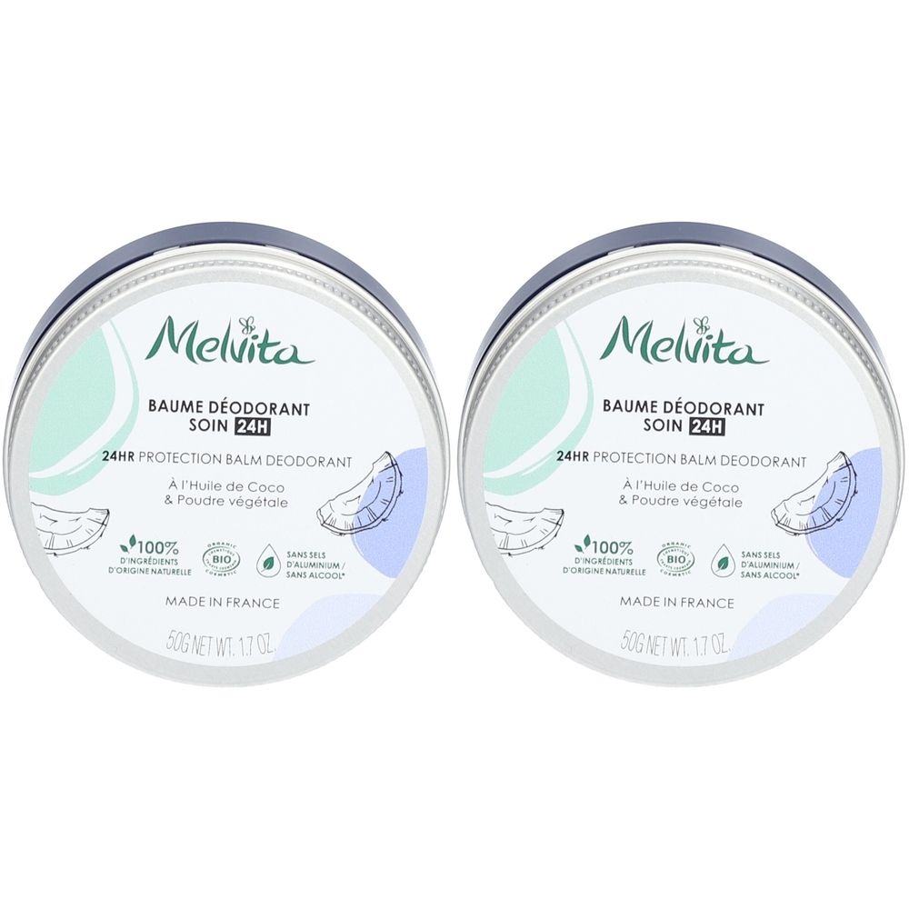 Deux boîtes rondes avec couvercles. Inscription: Melvita Baume déodorant soin 24H. À l'huile de coco et poudre végétale. Certification bio.