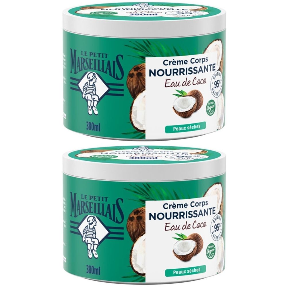 Deux pots verts avec couvercle blanc. Inscription: Crème Corps Nourrissante Eau de Coco. Illustration de noix de coco. Pour peaux sèches.