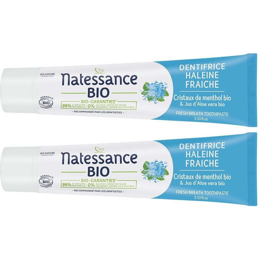 Deux tubes de dentifrice Natessance BIO. Inscription: Dentifrice Haleine Fraîche. Certifications bio et informations sur les ingrédients.