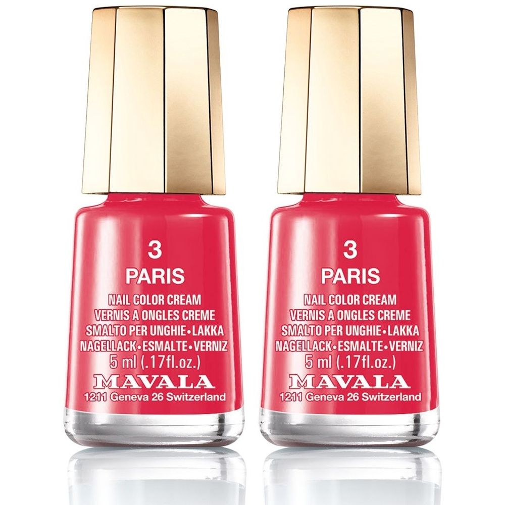 Deux flacons de vernis à ongles rouges, bouchons dorés. Inscription: 3 PARIS, MAVALA. 5 ml. Crème de vernis à ongles.